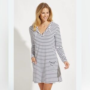 Coolibar Women's UPF 50+ Catalina Beach Cover-Up Dress Large Blue White